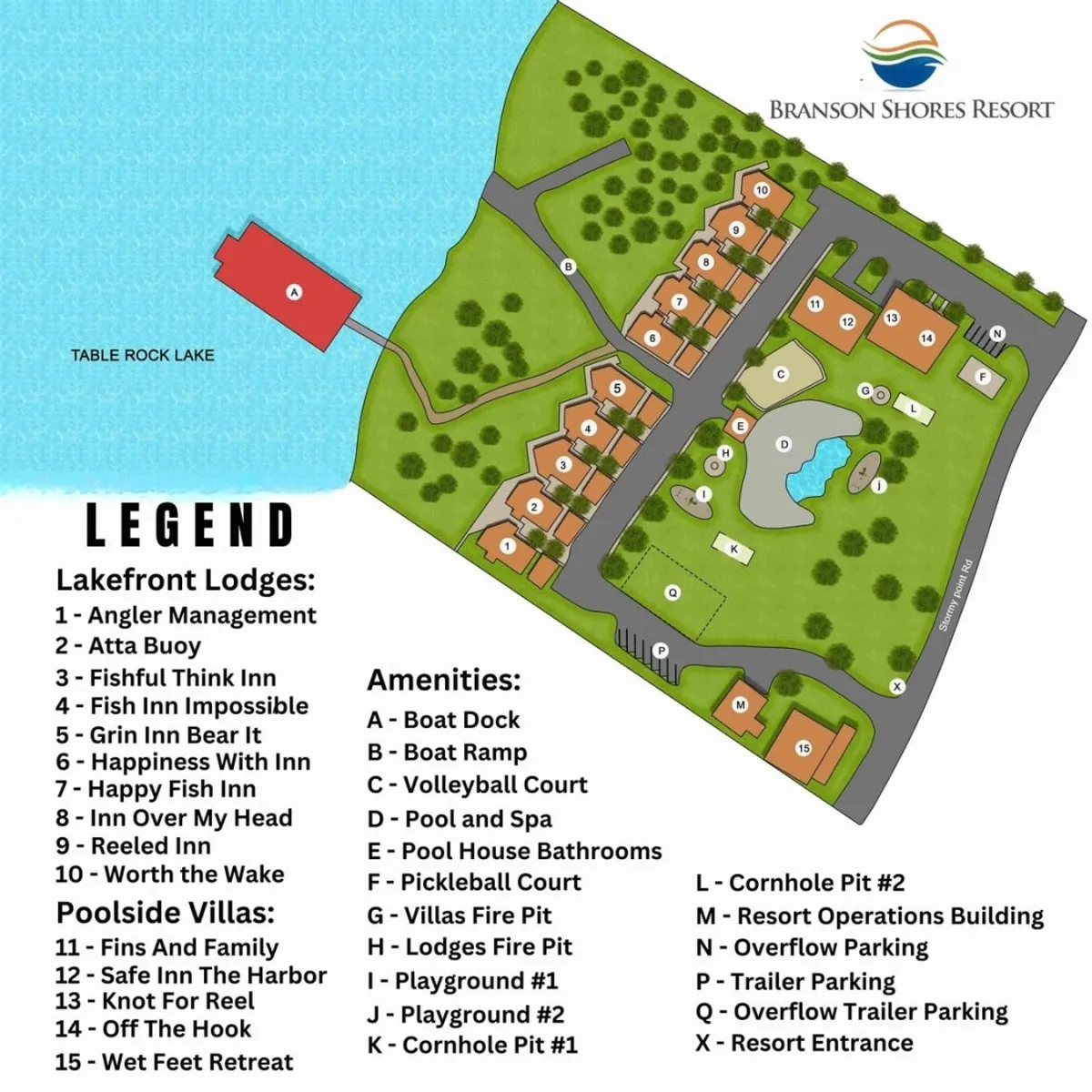 A panoramic exterior view capturing Table Rock Lake, lakefront lodges, the pool area, playgrounds, and the boat dock. Families can be seen swimming, playing on the playground, and relaxing by the lake, all framed against a beautiful sunset backdrop.